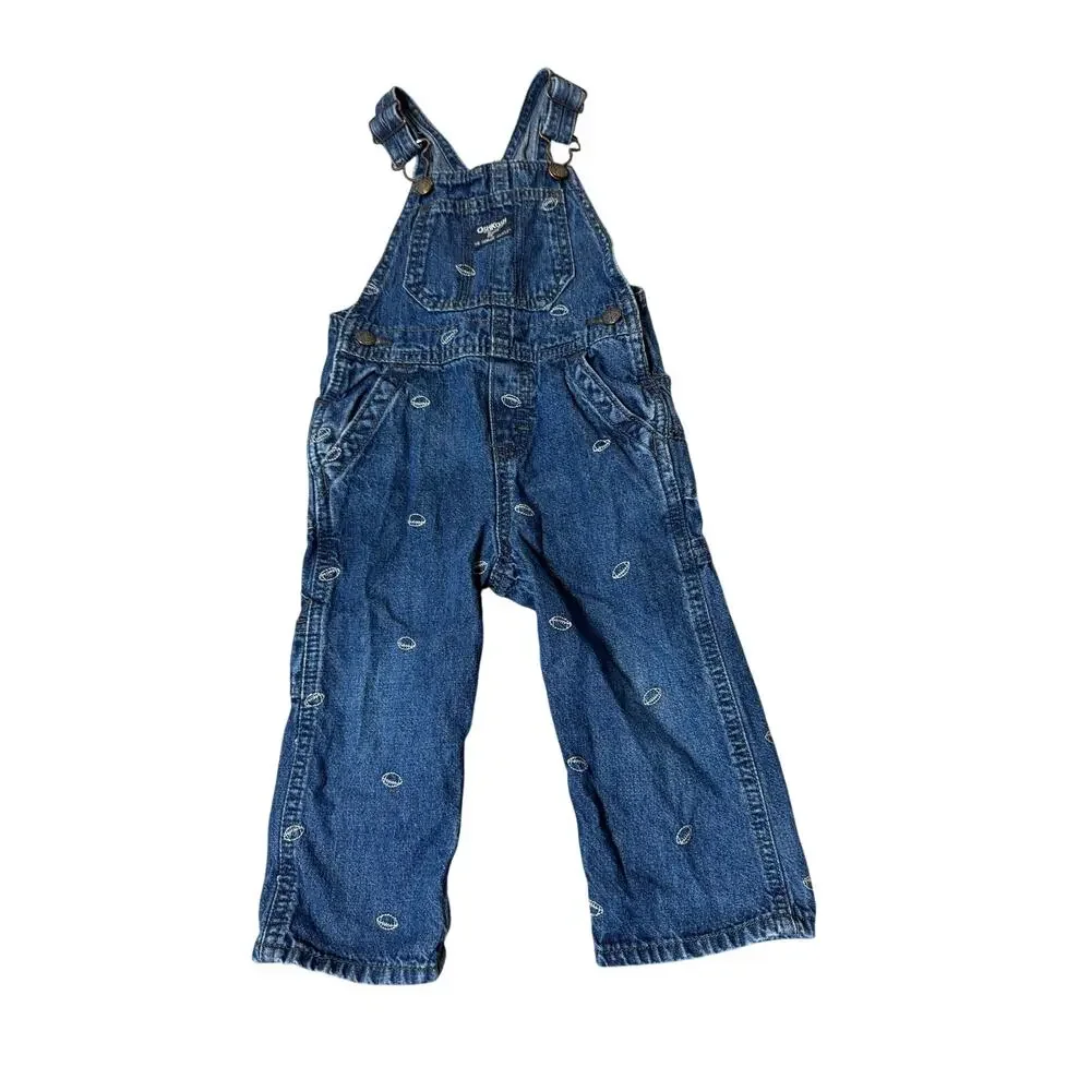 OshKosh B'gosh Football Embroidered Denim Overalls Vestbak Toddler Boys 24M Blue